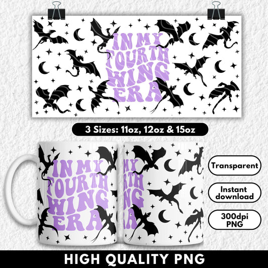 Mug with 'In My Fourth Wing Era' design and matching poster on a white background