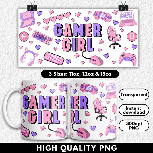Cute pink and purple Gamer Girl sublimation design for 11oz, 12oz, and 15oz mugs. Features retro gaming icons like pixel hearts, game controllers, cat-ear headphones, a pink gaming chair, and pastel consoles. Bold text in the center says “Gamer Girl.” A perfect wrap for gamer gifts, streamers, and cozy gaming setups. Fun, kawaii aesthetic for UV DTF or sublimation printing.