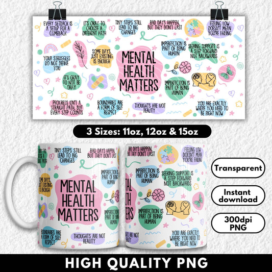 Mug with 'Mental Health Matters' design and poster above it on a white background