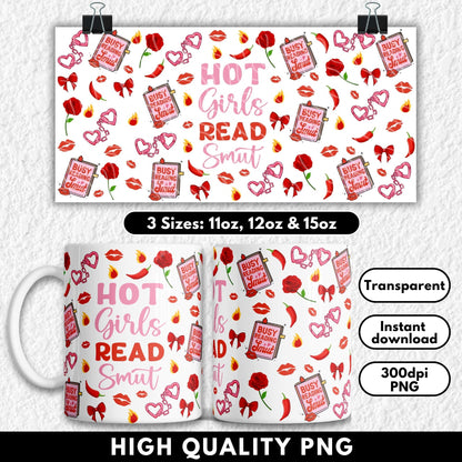 Mug with 'Hot Girls Read Smut' design and product details on a white background