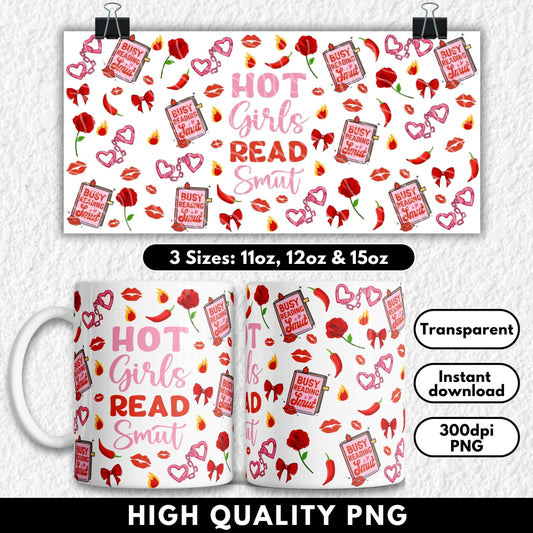 Mug with 'Hot Girls Read Smut' design and product details on a white background