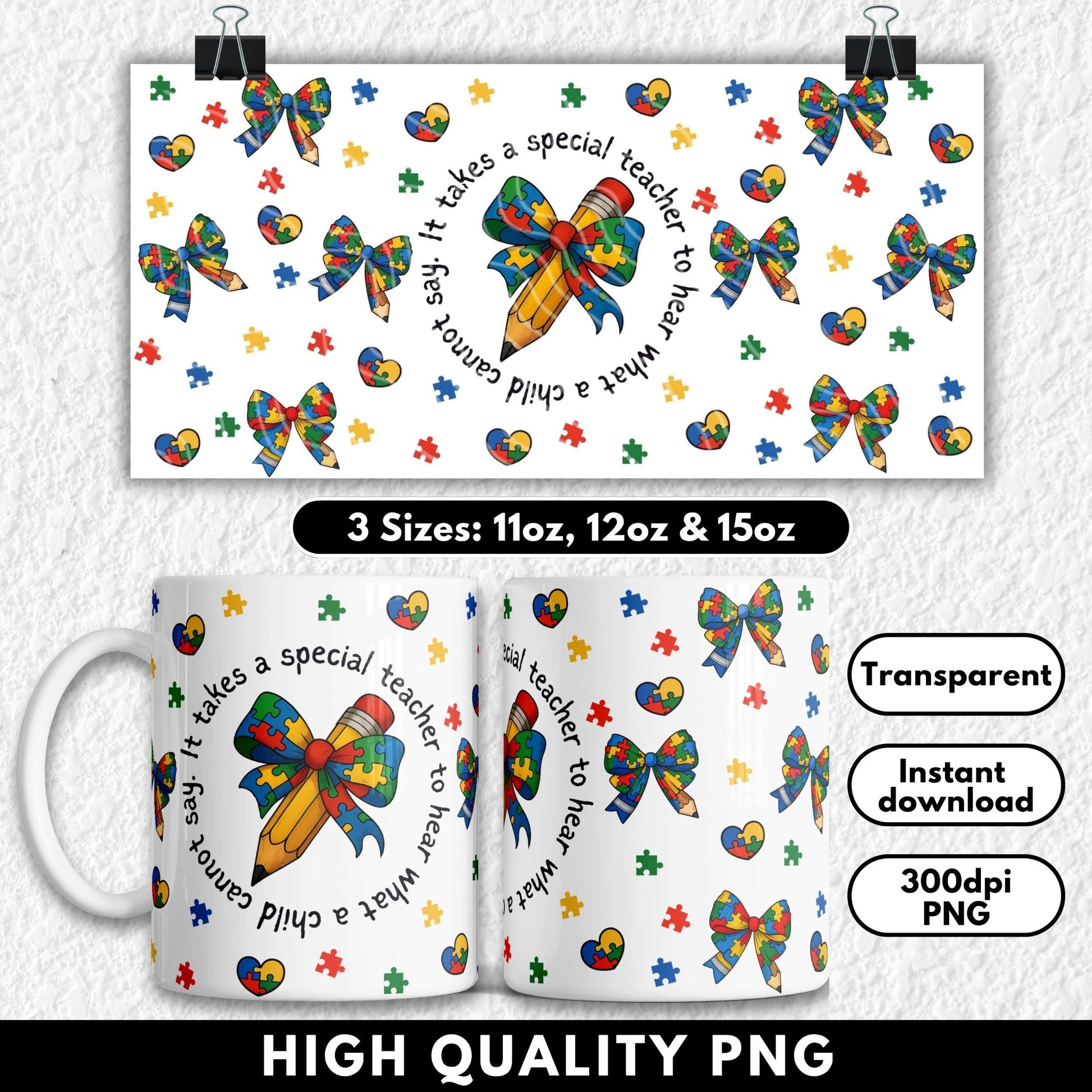 Autism awareness mug design with colorful bows and text on a white background