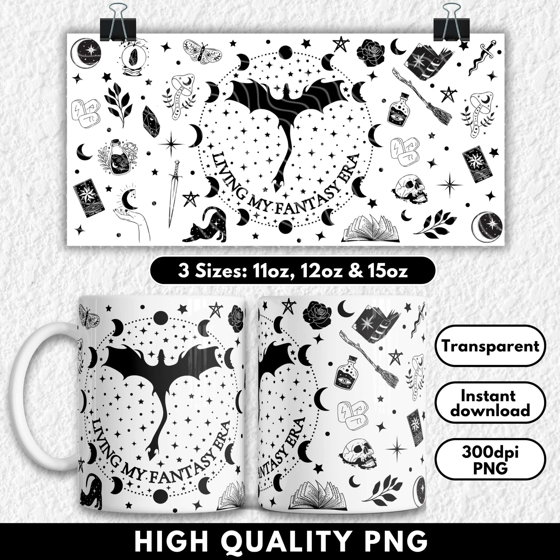 Mug with fantasy-themed design and text 'Living My Fantasy' on a white background.