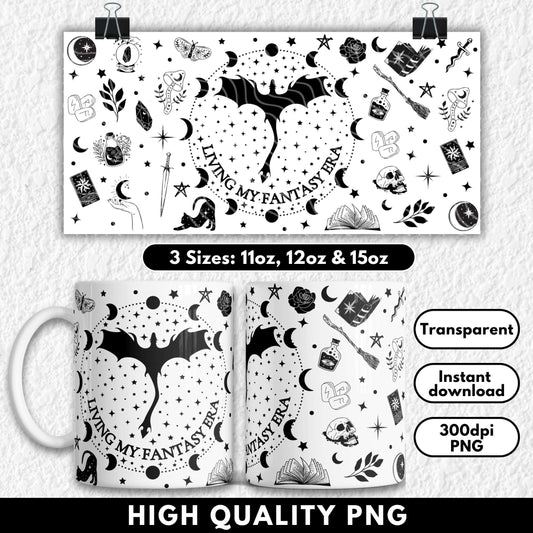 Mug with fantasy-themed design and text 'Living My Fantasy' on a white background.