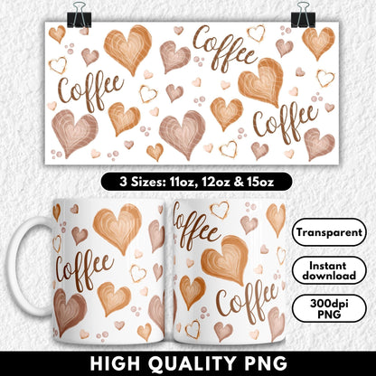 Seamless coffee heart sublimation design featuring swirled latte-style hearts, coffee bubbles, and the word "coffee" in handwritten script. Soft brown, beige, and tan tones with a textured, hand-painted style on a black background. Perfect for 11oz, 12oz, and 15oz sublimation mugs for coffee lovers, baristas, and morning caffeine addicts. Great for cosy, autumn-inspired, or neutral-toned drinkware.
