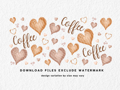Seamless coffee heart sublimation design featuring swirled latte-style hearts, coffee bubbles, and the word "coffee" in handwritten script. Soft brown, beige, and tan tones with a textured, hand-painted style on a black background. Perfect for 11oz, 12oz, and 15oz sublimation mugs for coffee lovers, baristas, and morning caffeine addicts. Great for cosy, autumn-inspired, or neutral-toned drinkware.