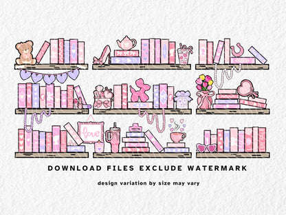 Aesthetic coquette bookshelf sublimation design in pink and pastel tones for 11oz, 12oz, and 15oz mugs. Features girly stacked books, pearls, makeup, tulips, bows, heart-shaped accessories, and cute trinkets on wooden shelves. Feminine, soft-core decor meets cozy bookish vibes. Perfect for sublimation or UV DTF crafting on mugs and tumblers for pink-loving, coquette-core fans.