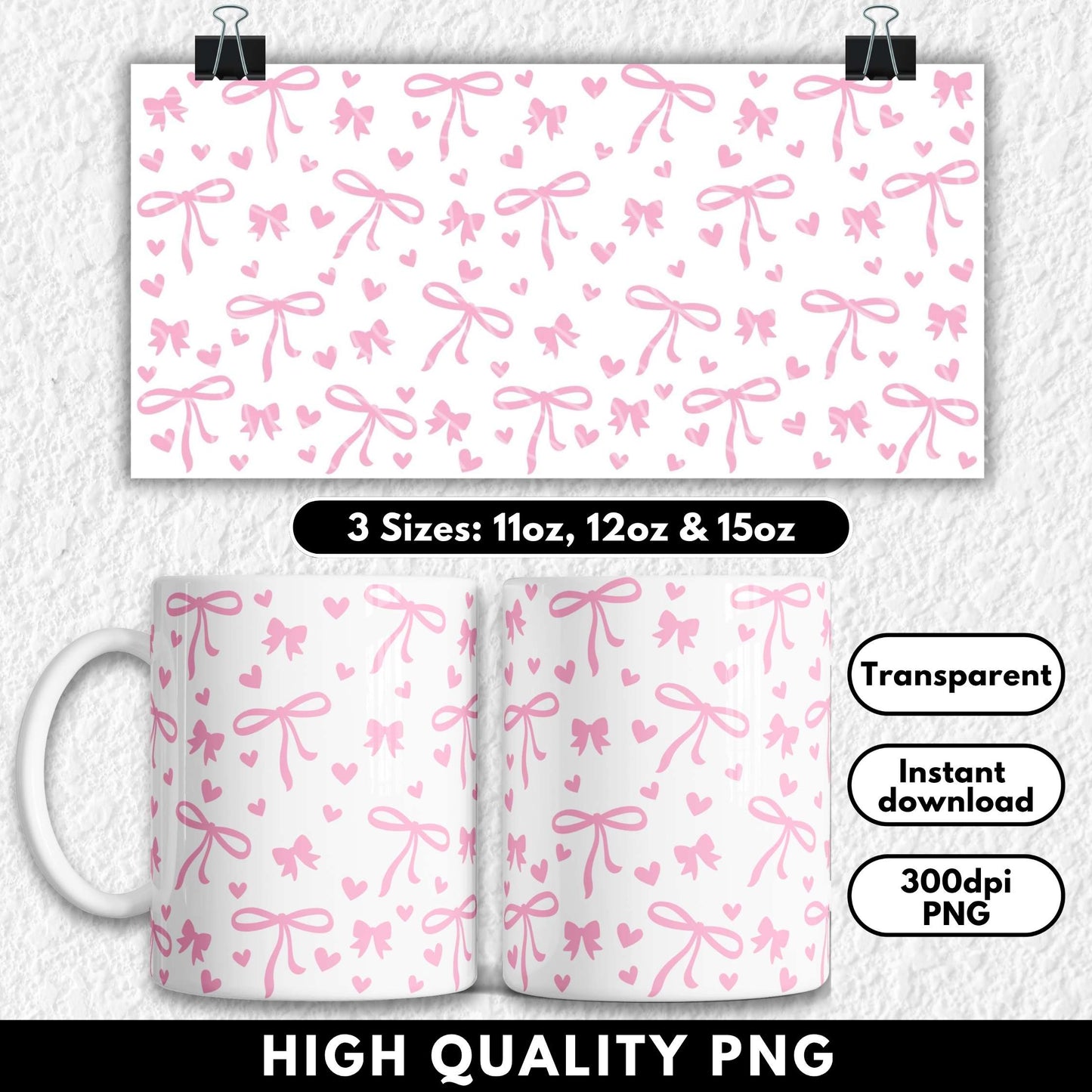 Mug with pink bow pattern and product details on a white background
