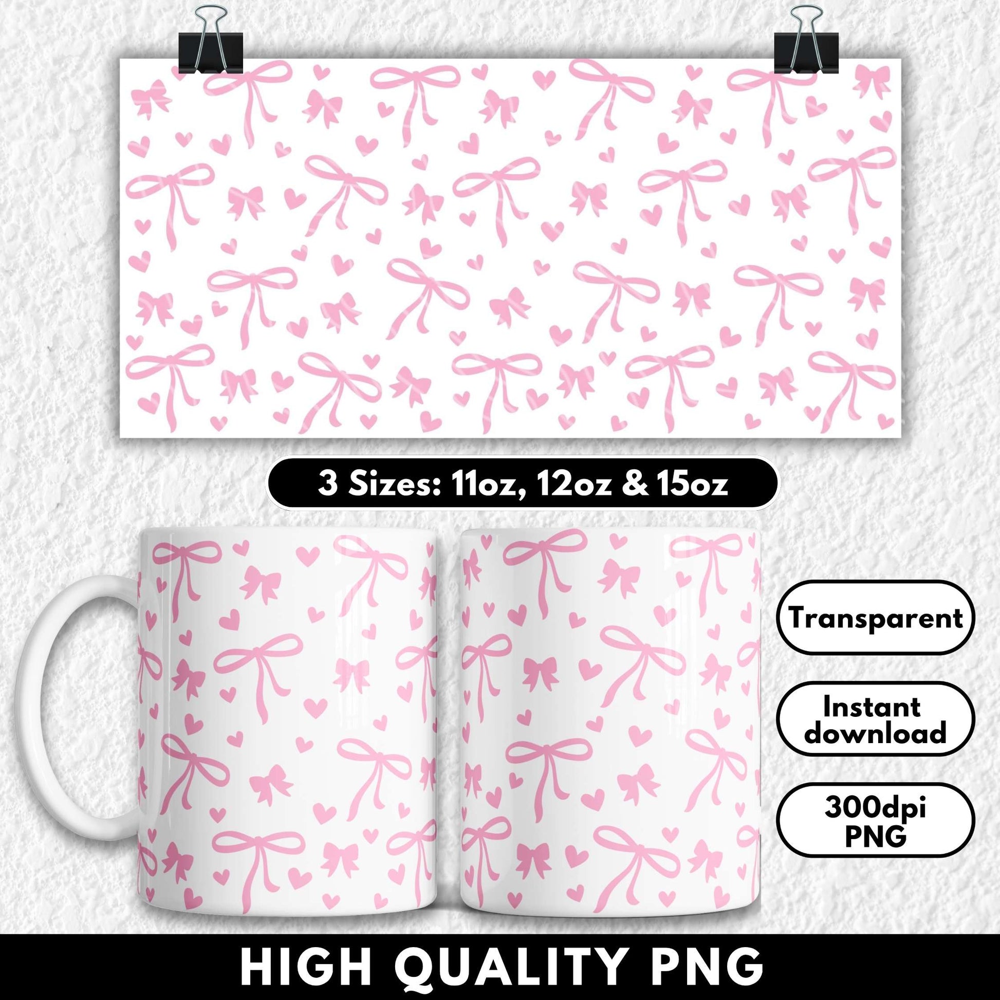 Mug with pink bow pattern and product details on a white background