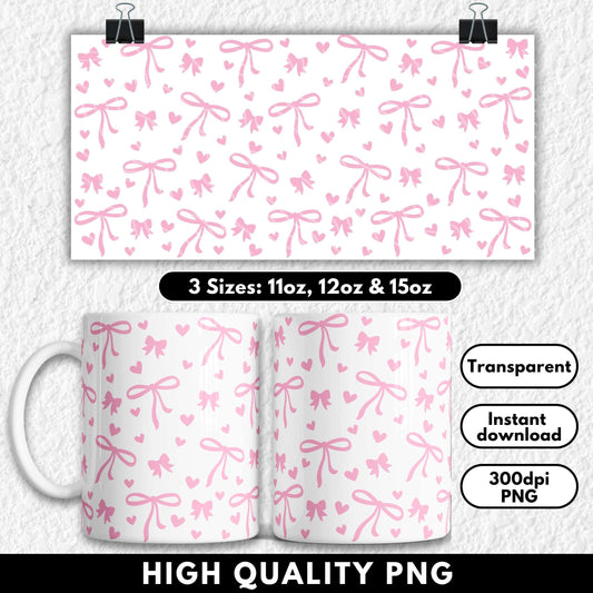 Mug with pink bow pattern and product details on a white background