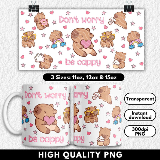 Cartoon bear pattern with text 'Don't worry be cappy' on a white background, displayed with mugs featuring the same design.