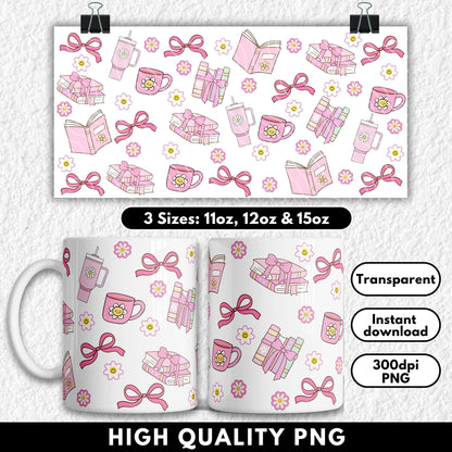 Mug with pink bow and flower pattern on a white background