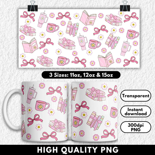 Mug with pink bow and flower pattern on a white background