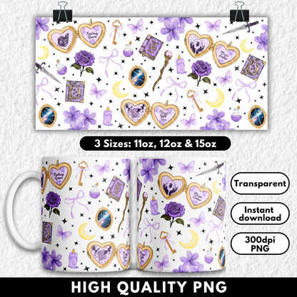 Fantasy-themed sublimation mug wrap featuring purple and gold elements inspired by BookTok and romantasy trends. Includes magical books, crystal lockets, crescent moons, daggers, roses, keys, and phrases like “Fantasy Queen” and “Magic Girl Era.” Designed for readers of fantasy and romantasy series such as Fourth Wing and ACOTAR. Perfect for sublimation or UV DTF on 11oz, 12oz, and 15oz mugs. Ideal gift for bookish girls and fantasy lovers.