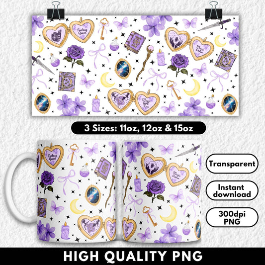 Fantasy-themed sublimation mug wrap featuring purple and gold elements inspired by BookTok and romantasy trends. Includes magical books, crystal lockets, crescent moons, daggers, roses, keys, and phrases like “Fantasy Queen” and “Magic Girl Era.” Designed for readers of fantasy and romantasy series such as Fourth Wing and ACOTAR. Perfect for sublimation or UV DTF on 11oz, 12oz, and 15oz mugs. Ideal gift for bookish girls and fantasy lovers.