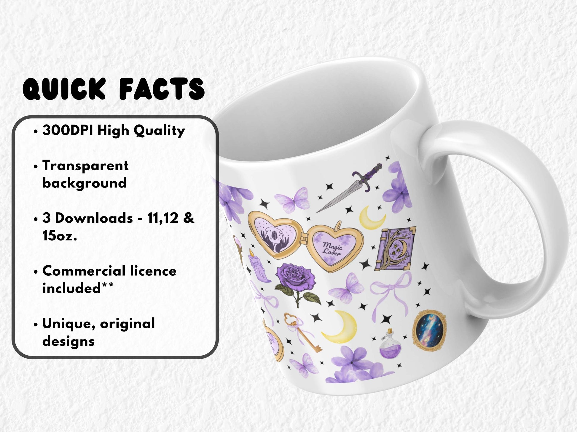 Fantasy-themed sublimation mug wrap featuring purple and gold elements inspired by BookTok and romantasy trends. Includes magical books, crystal lockets, crescent moons, daggers, roses, keys, and phrases like “Fantasy Queen” and “Magic Girl Era.” Designed for readers of fantasy and romantasy series such as Fourth Wing and ACOTAR. Perfect for sublimation or UV DTF on 11oz, 12oz, and 15oz mugs. Ideal gift for bookish girls and fantasy lovers.