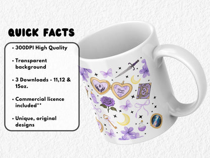 Fantasy-themed sublimation mug wrap featuring purple and gold elements inspired by BookTok and romantasy trends. Includes magical books, crystal lockets, crescent moons, daggers, roses, keys, and phrases like “Fantasy Queen” and “Magic Girl Era.” Designed for readers of fantasy and romantasy series such as Fourth Wing and ACOTAR. Perfect for sublimation or UV DTF on 11oz, 12oz, and 15oz mugs. Ideal gift for bookish girls and fantasy lovers.