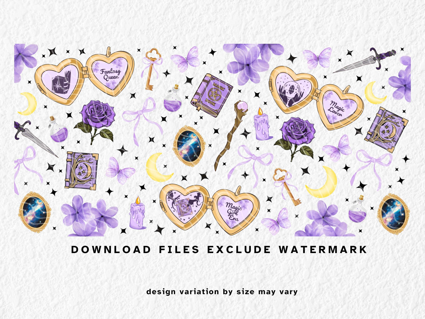 Fantasy-themed sublimation mug wrap featuring purple and gold elements inspired by BookTok and romantasy trends. Includes magical books, crystal lockets, crescent moons, daggers, roses, keys, and phrases like “Fantasy Queen” and “Magic Girl Era.” Designed for readers of fantasy and romantasy series such as Fourth Wing and ACOTAR. Perfect for sublimation or UV DTF on 11oz, 12oz, and 15oz mugs. Ideal gift for bookish girls and fantasy lovers.