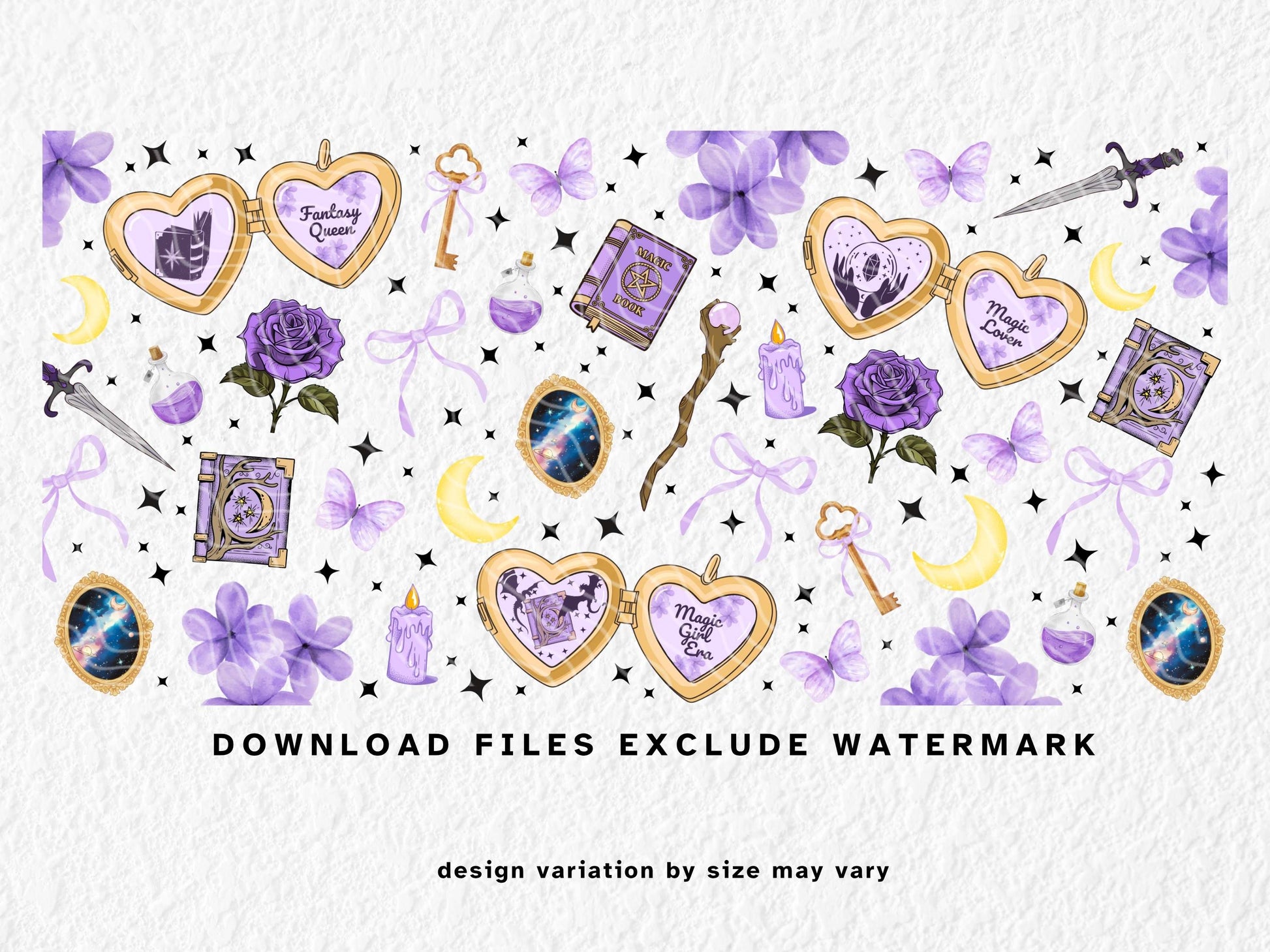 Fantasy-themed sublimation mug wrap featuring purple and gold elements inspired by BookTok and romantasy trends. Includes magical books, crystal lockets, crescent moons, daggers, roses, keys, and phrases like “Fantasy Queen” and “Magic Girl Era.” Designed for readers of fantasy and romantasy series such as Fourth Wing and ACOTAR. Perfect for sublimation or UV DTF on 11oz, 12oz, and 15oz mugs. Ideal gift for bookish girls and fantasy lovers.