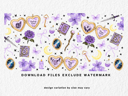 Fantasy-themed sublimation mug wrap featuring purple and gold elements inspired by BookTok and romantasy trends. Includes magical books, crystal lockets, crescent moons, daggers, roses, keys, and phrases like “Fantasy Queen” and “Magic Girl Era.” Designed for readers of fantasy and romantasy series such as Fourth Wing and ACOTAR. Perfect for sublimation or UV DTF on 11oz, 12oz, and 15oz mugs. Ideal gift for bookish girls and fantasy lovers.