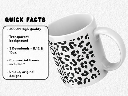 Edgy sublimation mug wrap featuring a black leopard print border with bold acronym "NFG" for No F*cks Given in the centre. This high-res PNG design fits 11oz, 12oz, and 15oz sublimation mugs. Perfect for unapologetic coffee lovers, attitude-filled gifts, or funny novelty drinkware. The black-on-black leopard print adds a fierce, modern touch to a blunt and hilarious message. Ideal for UV DTF or sublimation printing.