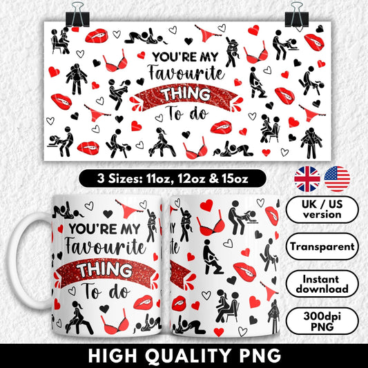 Mug with 'You're My Favourite Thing To Do' design and product details on a white background