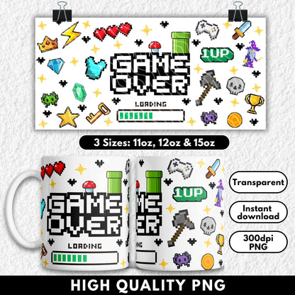 Mug with game-themed design and text 'Game Over' on a white background