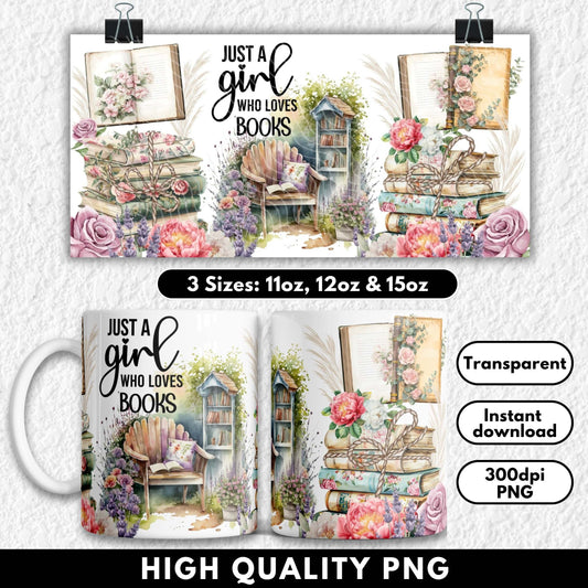 Charming sublimation mug wrap design for 11oz, 12oz, and 15oz mugs, featuring vintage floral books, pastel peonies and roses, open journals, and a cozy garden reading nook. With a soft watercolor style and romantic cottagecore vibes, this wrap is perfect for book lovers, readers, and fantasy fans who adore cozy aesthetics and peaceful reading corners. Ideal for sublimation or UV DTF printing.