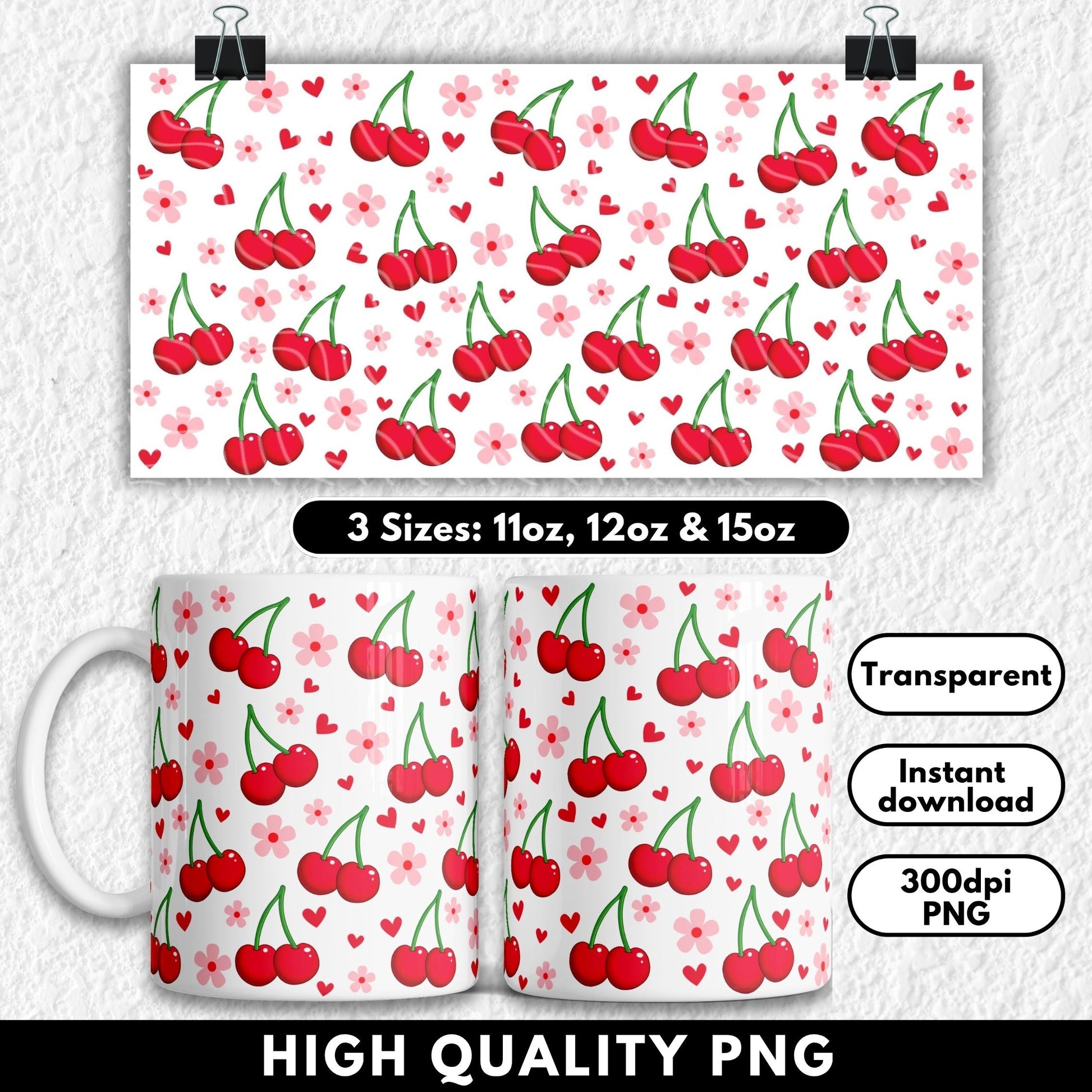 Cherry patterned mug wrap design with size options and product details on a white background