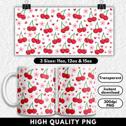 Cherry patterned mug wrap design with size options and product details on a white background