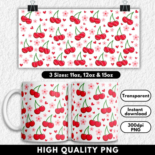 Cherry patterned mug wrap design with size options and product details on a white background