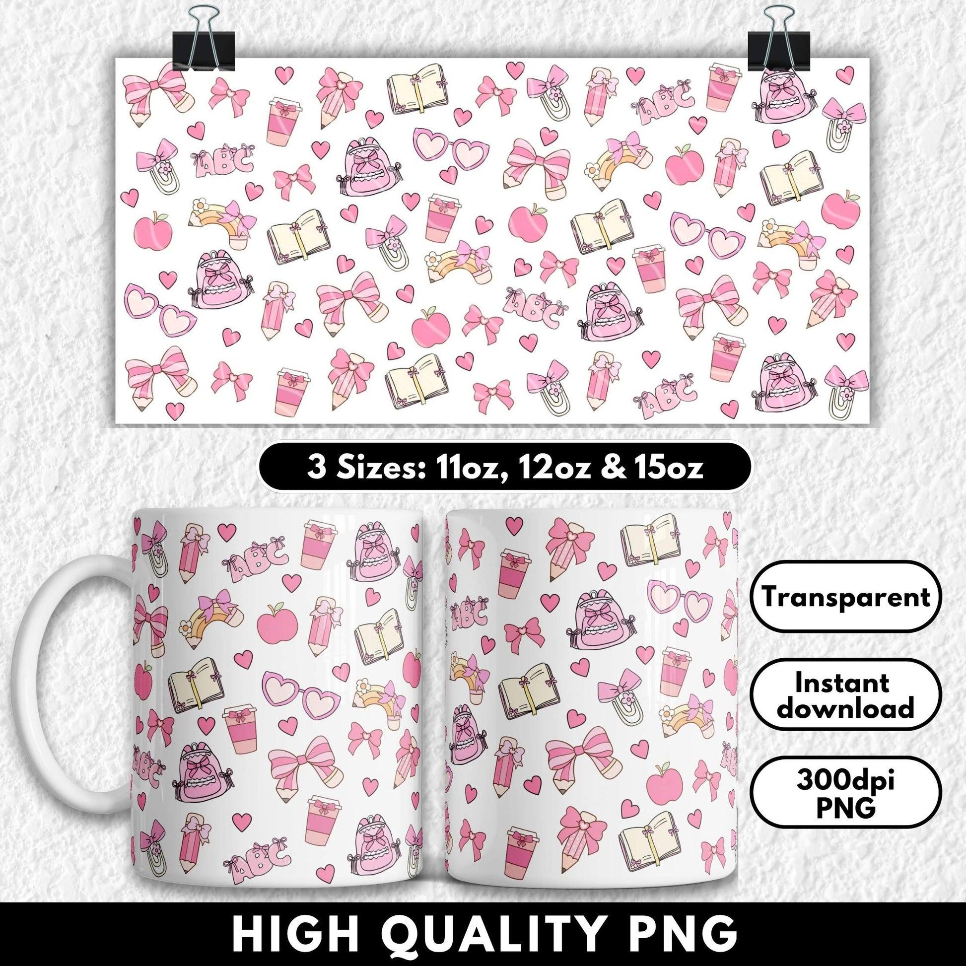 Seamless kawaii-themed pattern with school-related icons on a black background. The design features pastel pink and cream illustrations, including bows, books, pencils, paperclips, backpacks, coffee cups, rainbows, heart-shaped sunglasses, apples, and "ABC" letters. Yellow stars are scattered throughout, and many elements are decorated with cute bows or hearts, giving a soft, girly, and playful school aesthetic. Can be used to sublimate 11oz, 12oz & 15oz sublimation mugs