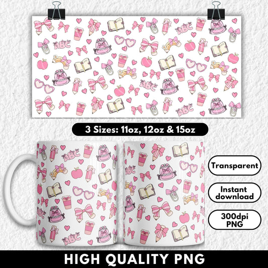 Seamless kawaii-themed pattern with school-related icons on a black background. The design features pastel pink and cream illustrations, including bows, books, pencils, paperclips, backpacks, coffee cups, rainbows, heart-shaped sunglasses, apples, and "ABC" letters. Yellow stars are scattered throughout, and many elements are decorated with cute bows or hearts, giving a soft, girly, and playful school aesthetic. Can be used to sublimate 11oz, 12oz & 15oz sublimation mugs