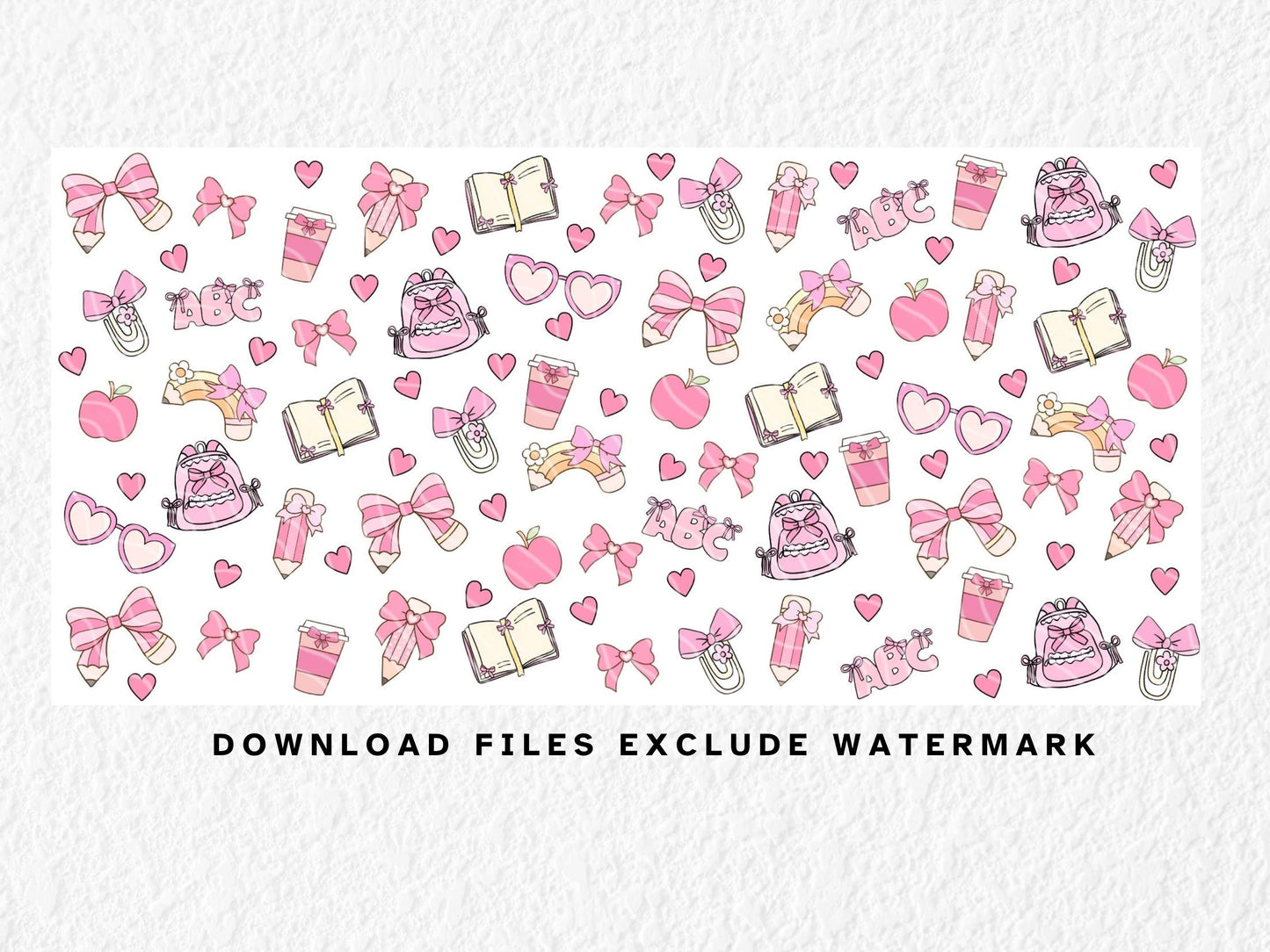 Seamless kawaii-themed pattern with school-related icons on a black background. The design features pastel pink and cream illustrations, including bows, books, pencils, paperclips, backpacks, coffee cups, rainbows, heart-shaped sunglasses, apples, and "ABC" letters. Yellow stars are scattered throughout, and many elements are decorated with cute bows or hearts, giving a soft, girly, and playful school aesthetic. Can be used to sublimate 11oz, 12oz & 15oz sublimation mugs