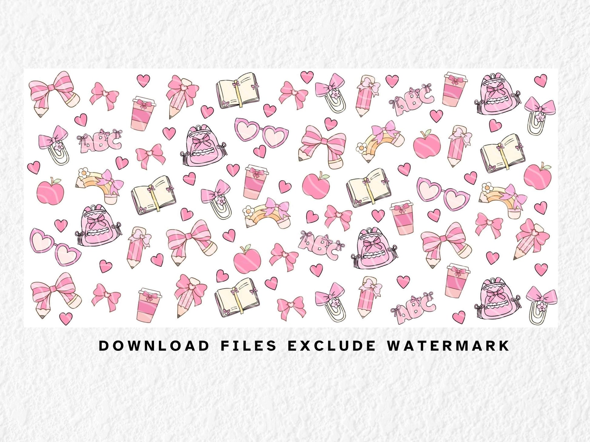 Seamless kawaii-themed pattern with school-related icons on a black background. The design features pastel pink and cream illustrations, including bows, books, pencils, paperclips, backpacks, coffee cups, rainbows, heart-shaped sunglasses, apples, and "ABC" letters. Yellow stars are scattered throughout, and many elements are decorated with cute bows or hearts, giving a soft, girly, and playful school aesthetic. Can be used to sublimate 11oz, 12oz & 15oz sublimation mugs