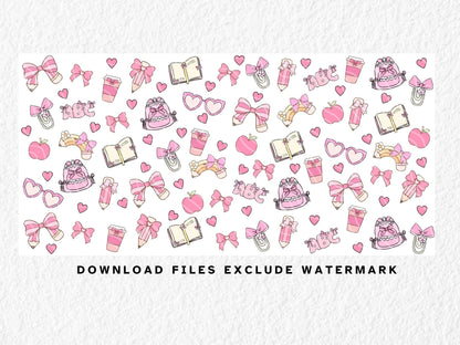 Seamless kawaii-themed pattern with school-related icons on a black background. The design features pastel pink and cream illustrations, including bows, books, pencils, paperclips, backpacks, coffee cups, rainbows, heart-shaped sunglasses, apples, and "ABC" letters. Yellow stars are scattered throughout, and many elements are decorated with cute bows or hearts, giving a soft, girly, and playful school aesthetic. Can be used to sublimate 11oz, 12oz & 15oz sublimation mugs