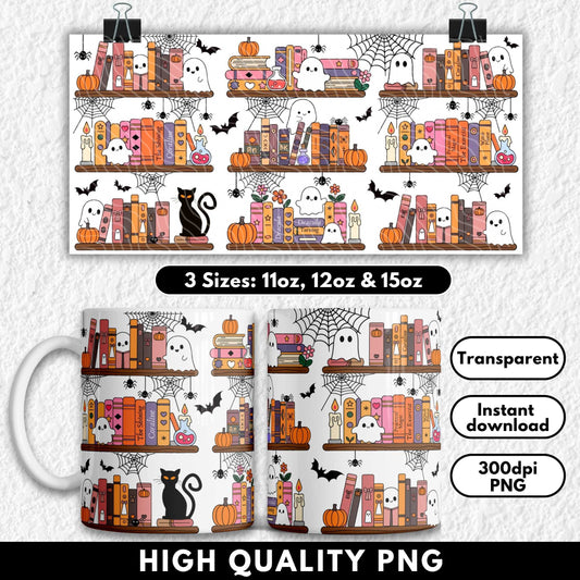 Pastel Halloween bookshelf Libbey can wrap for 11oz, 12oz & 15oz sublimation mugs. Features cute ghosts, pumpkins, black cats, potion bottles, candles, and spooky books like Dracula, The Shining, and Coraline. Perfect for book lovers and Halloween fans. Designed for sublimation and UV DTF, ideal for autumn and spooky season drinkware.