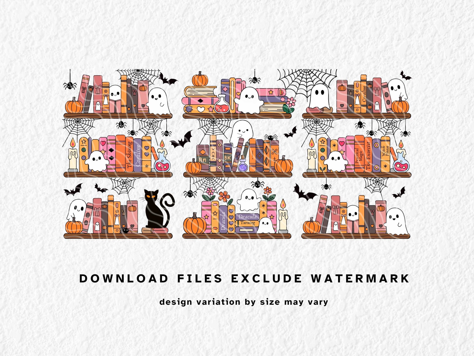 Pastel Halloween bookshelf Libbey can wrap for 11oz, 12oz & 15oz sublimation mugs. Features cute ghosts, pumpkins, black cats, potion bottles, candles, and spooky books like Dracula, The Shining, and Coraline. Perfect for book lovers and Halloween fans. Designed for sublimation and UV DTF, ideal for autumn and spooky season drinkware.