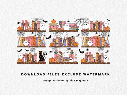 Pastel Halloween bookshelf Libbey can wrap for 11oz, 12oz & 15oz sublimation mugs. Features cute ghosts, pumpkins, black cats, potion bottles, candles, and spooky books like Dracula, The Shining, and Coraline. Perfect for book lovers and Halloween fans. Designed for sublimation and UV DTF, ideal for autumn and spooky season drinkware.
