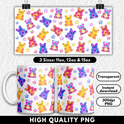 Bright and playful sublimation wrap for 11oz–15oz mugs featuring glossy gummy bear illustrations in neon blue, pink, purple, and yellow, surrounded by 3D-style shiny stars in matching colours. The design pops against a black background, perfect for kids, candy lovers, or anyone who loves colourful, fun, and whimsical aesthetics. Ideal for digital crafting, sublimation mugs, or UV DTF wraps.