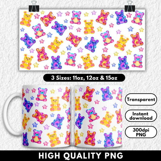 Bright and playful sublimation wrap for 11oz–15oz mugs featuring glossy gummy bear illustrations in neon blue, pink, purple, and yellow, surrounded by 3D-style shiny stars in matching colours. The design pops against a black background, perfect for kids, candy lovers, or anyone who loves colourful, fun, and whimsical aesthetics. Ideal for digital crafting, sublimation mugs, or UV DTF wraps.
