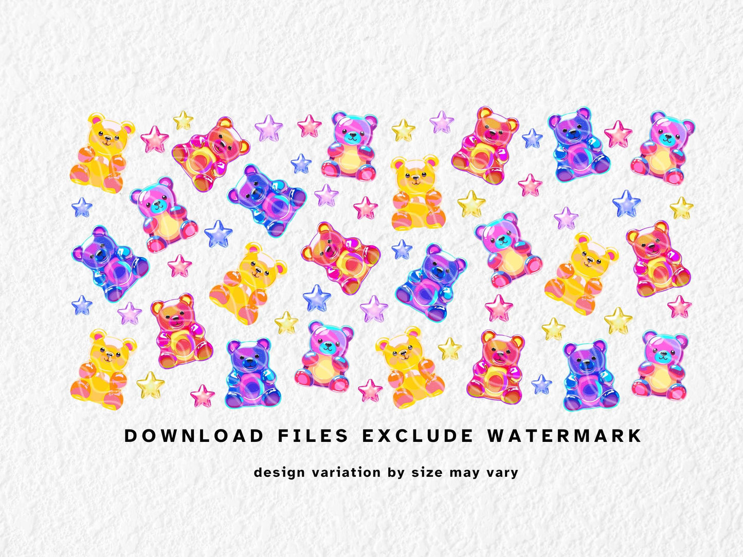 Bright and playful sublimation wrap for 11oz–15oz mugs featuring glossy gummy bear illustrations in neon blue, pink, purple, and yellow, surrounded by 3D-style shiny stars in matching colours. The design pops against a black background, perfect for kids, candy lovers, or anyone who loves colourful, fun, and whimsical aesthetics. Ideal for digital crafting, sublimation mugs, or UV DTF wraps.