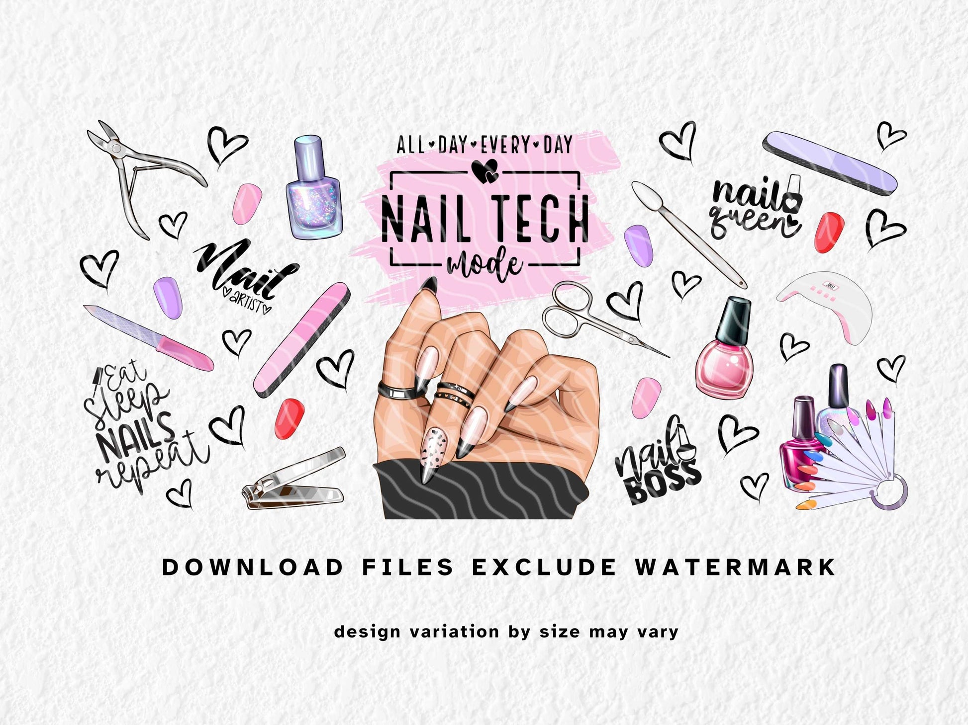 Vibrant nail tech-themed sublimation design for 11oz–15oz mugs. Features illustrated tools like clippers, files, buffers, polish bottles, UV lamp, glitter nails, and glam hand pose with statement rings. “Nail Tech Mode” text in bold over a blush pink brushstroke. A fun, bold, and modern design perfect for nail technicians, salons, or self-care lovers who live for nails and boss vibes.
