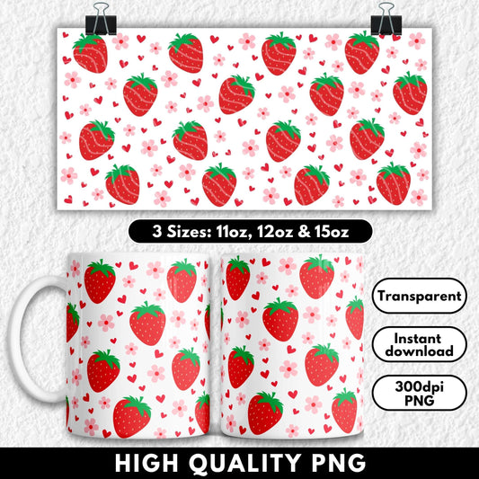 Strawberry patterned mug and paper with product details on a white background