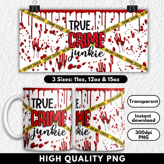 Bold crime scene themed sublimation mug wrap design with dripping blood effects, handprints, and yellow "Do Not Cross" tape across a black background. The word "CRIME" is centered in red block lettering for a chilling, true crime vibe. Perfect for true crime fans, Halloween lovers, or horror-themed gifts. Designed for 11oz, 12oz, and 15oz sublimation mugs and suitable for UV DTF or sublimation printing.