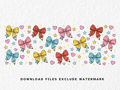 11oz 12oz and 15oz sublimation mug teacher appreciation digital design wrap, use to sublimation onto mugs.  featuring a cute coquette pencil bow design.  png download