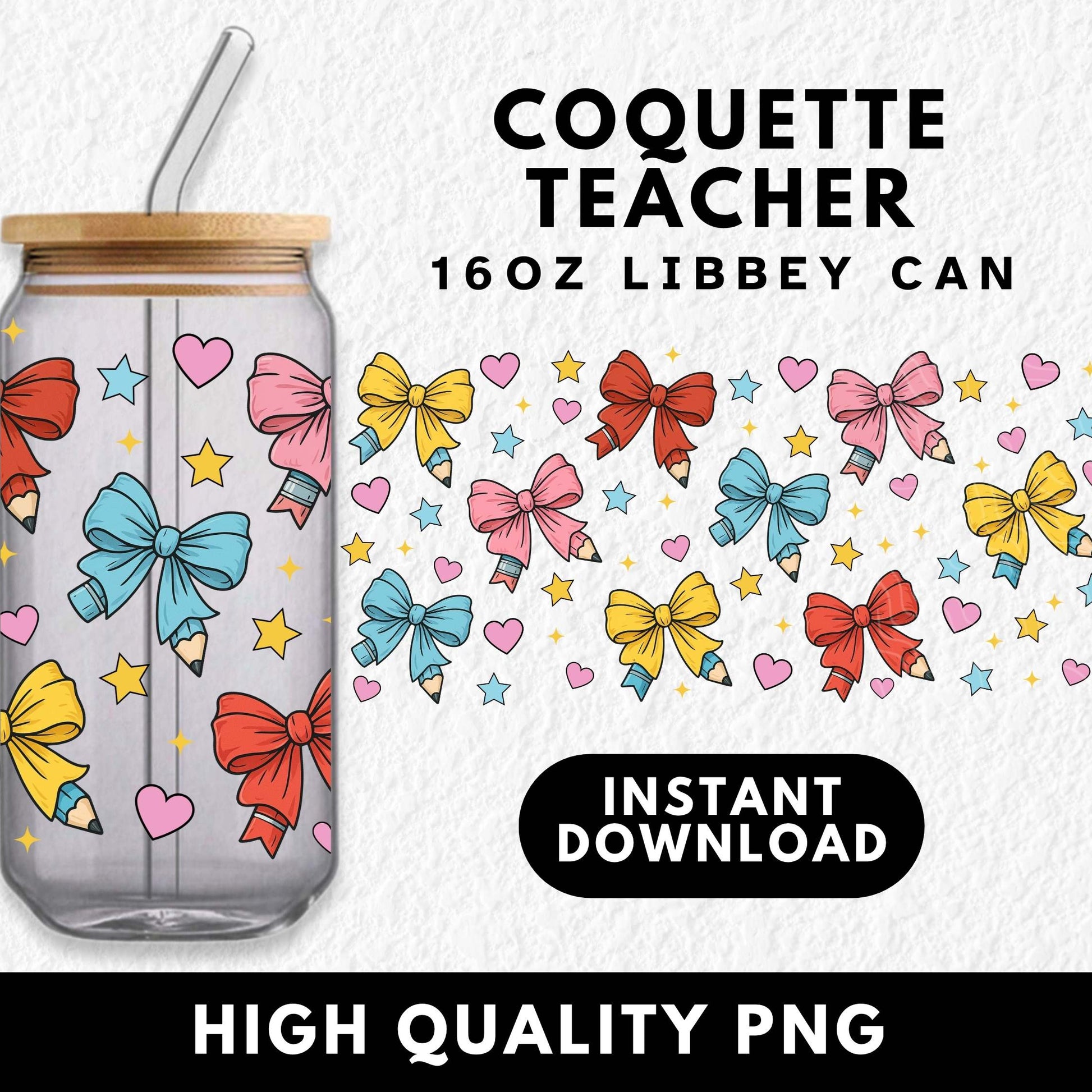 16oz libbey glass can wrap digital download for uv dtf and sublimation prints featuring a coquette bow teacher gift inspired design