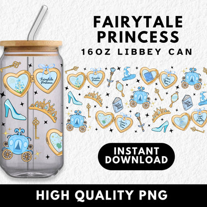 Fairytale Princess PNG wrap for 16oz Libbey glass cans. Digital download features dreamy heart lockets with sayings like 'Once Upon a Time' and 'Dreams Come True,' plus carriages, glass slippers, wands, tiaras, and sparkles. Designed for sublimation, UV DTF, and DTF printing. Perfect for bookish girls, princess lovers, or fantasy-themed drinkware. Ideal for magical tumbler crafts and whimsical cup designs.