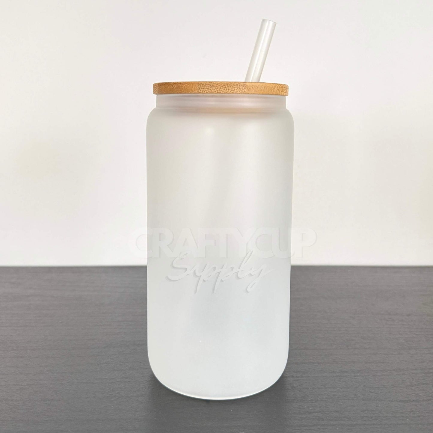 image shows a bamboo glass can which is called a Libbey Glass can.  this as a frosted finish to the glass and can be used to sublimate, uv dtf and vinyl.