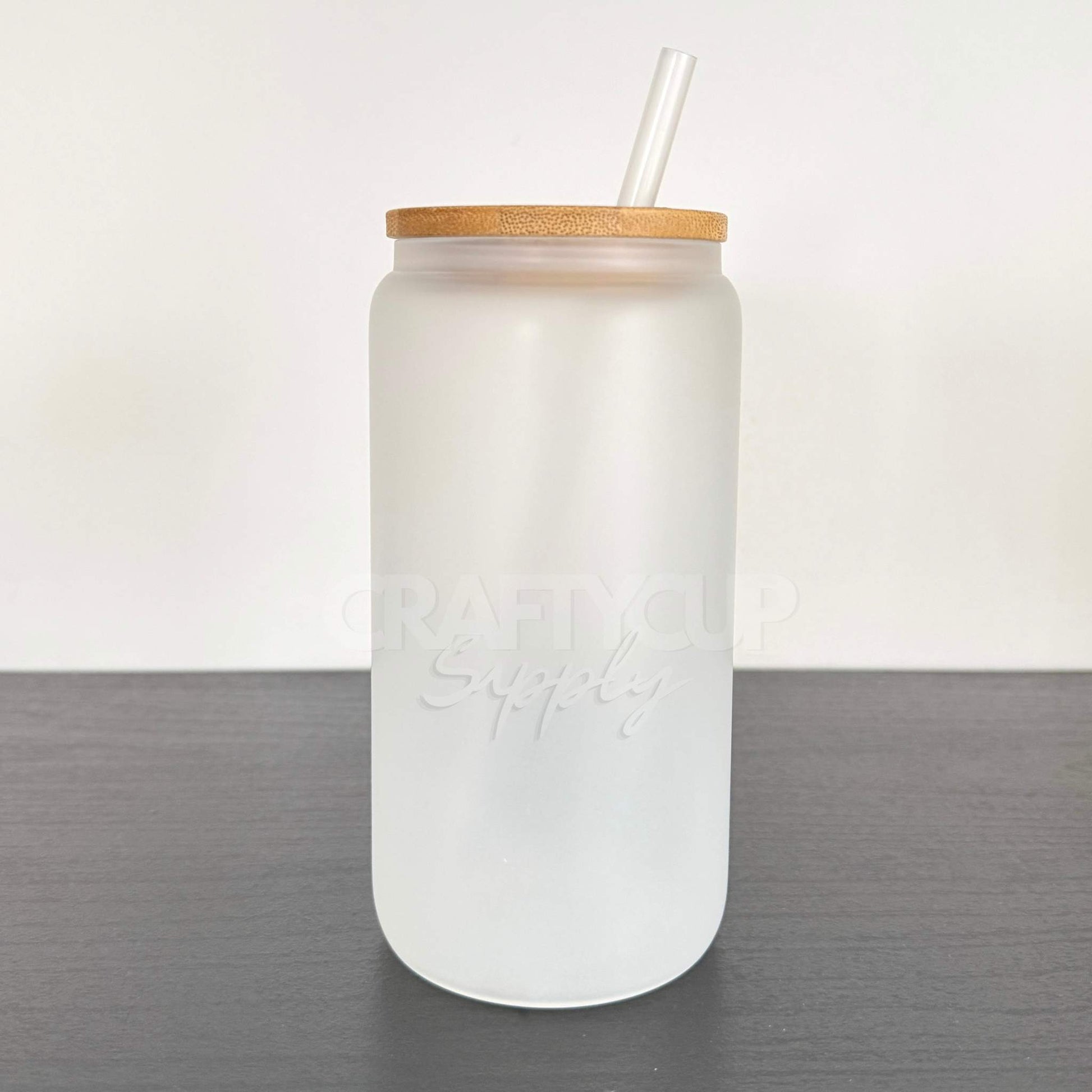 image shows a bamboo glass can which is called a Libbey Glass can.  this as a frosted finish to the glass and can be used to sublimate, uv dtf and vinyl.